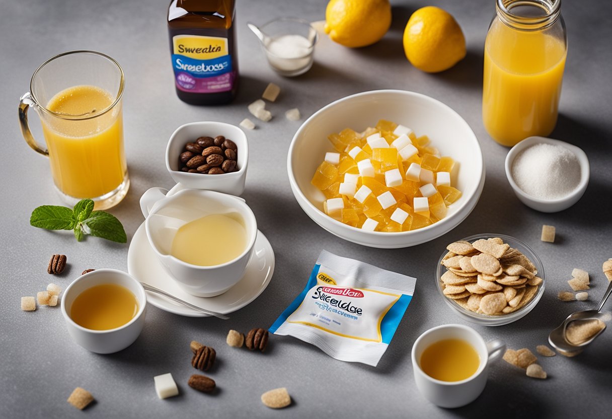 A table with various food and drink products, including packets of sucralose and Splenda, with informational signs and labels highlighting the benefits of these sweeteners