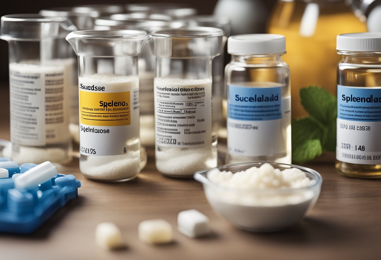 A laboratory setting with test tubes, beakers, and scientific equipment. A close-up of a chemical structure of sucralose and Splenda packaging