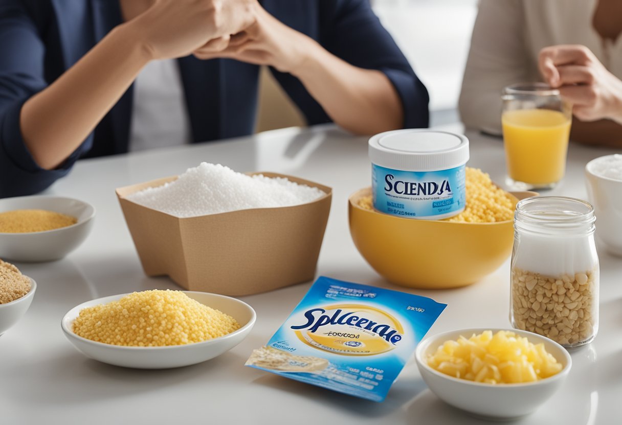 A group of consumers discussing and comparing sucralose and Splenda, with informational materials and product samples laid out on a table