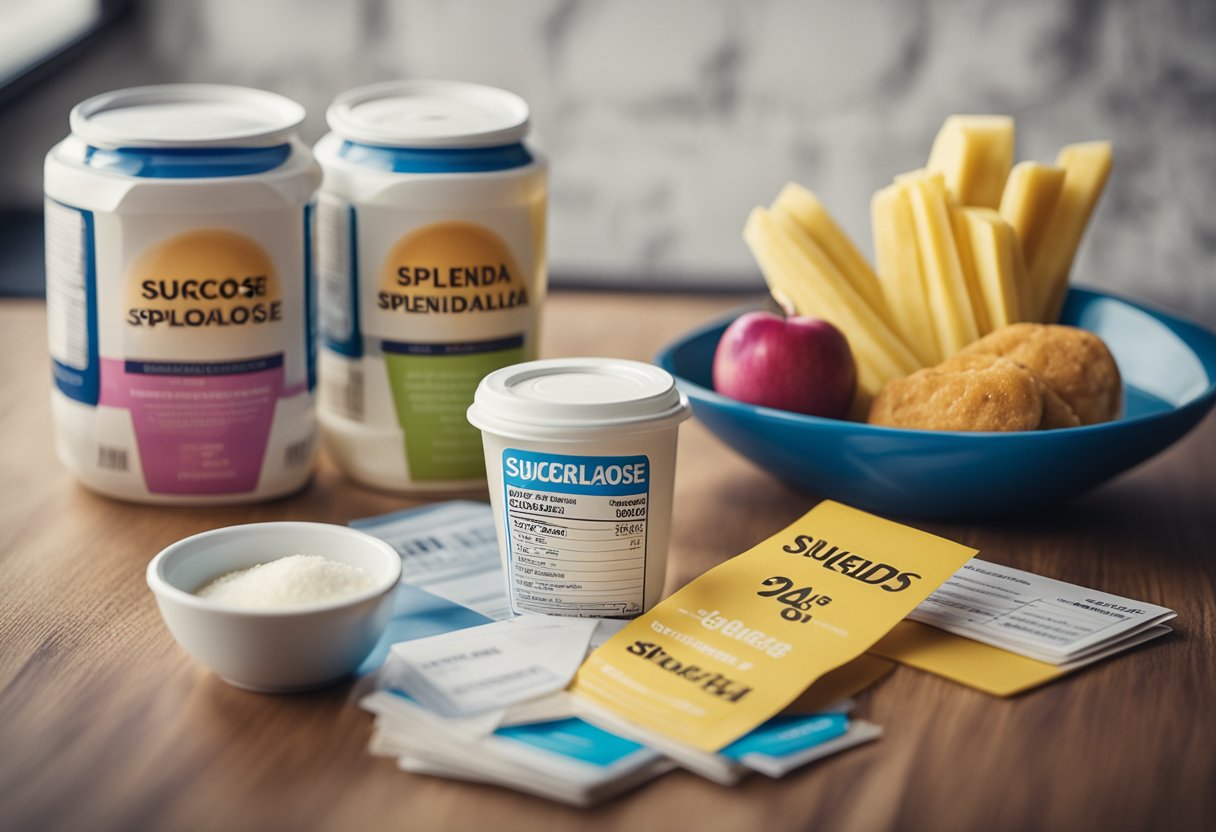 A table with various products labeled "sucralose" and "Splenda," surrounded by question marks and information pamphlets