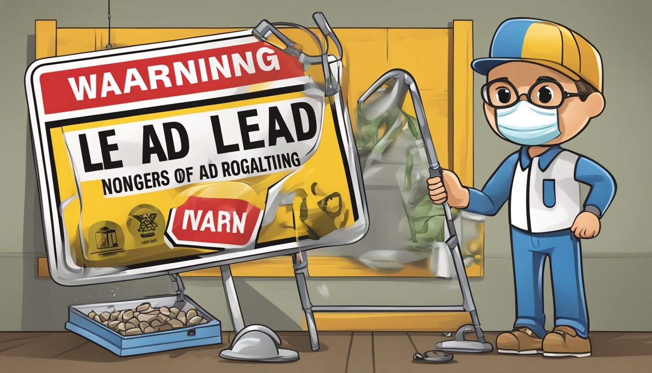 A warning sign displaying the dangers of lead poisoning, with symbols representing symptoms and regulations