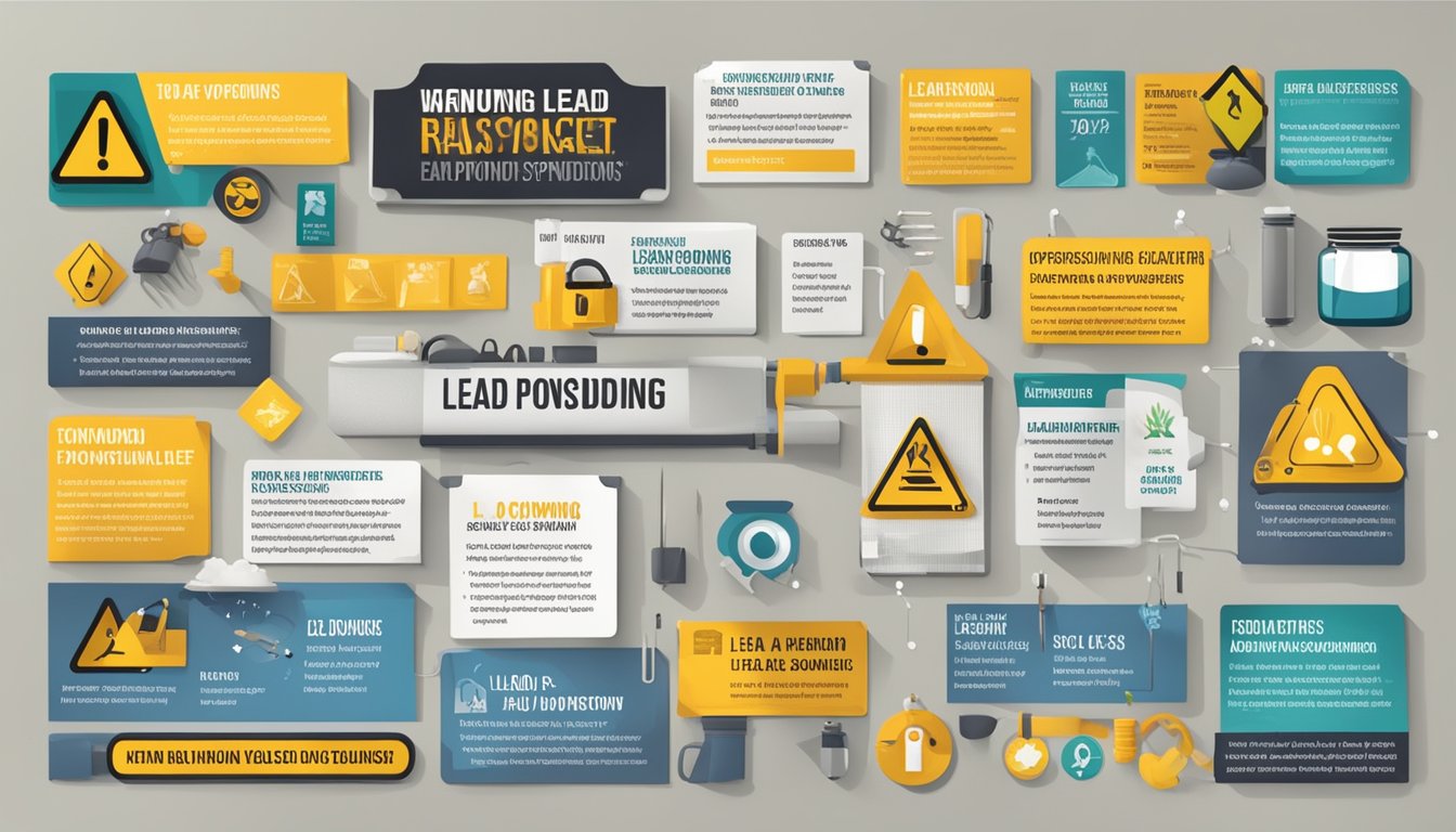 A warning sign with bold text "Lead Poisoning Risks" surrounded by images of common lead sources and symptoms