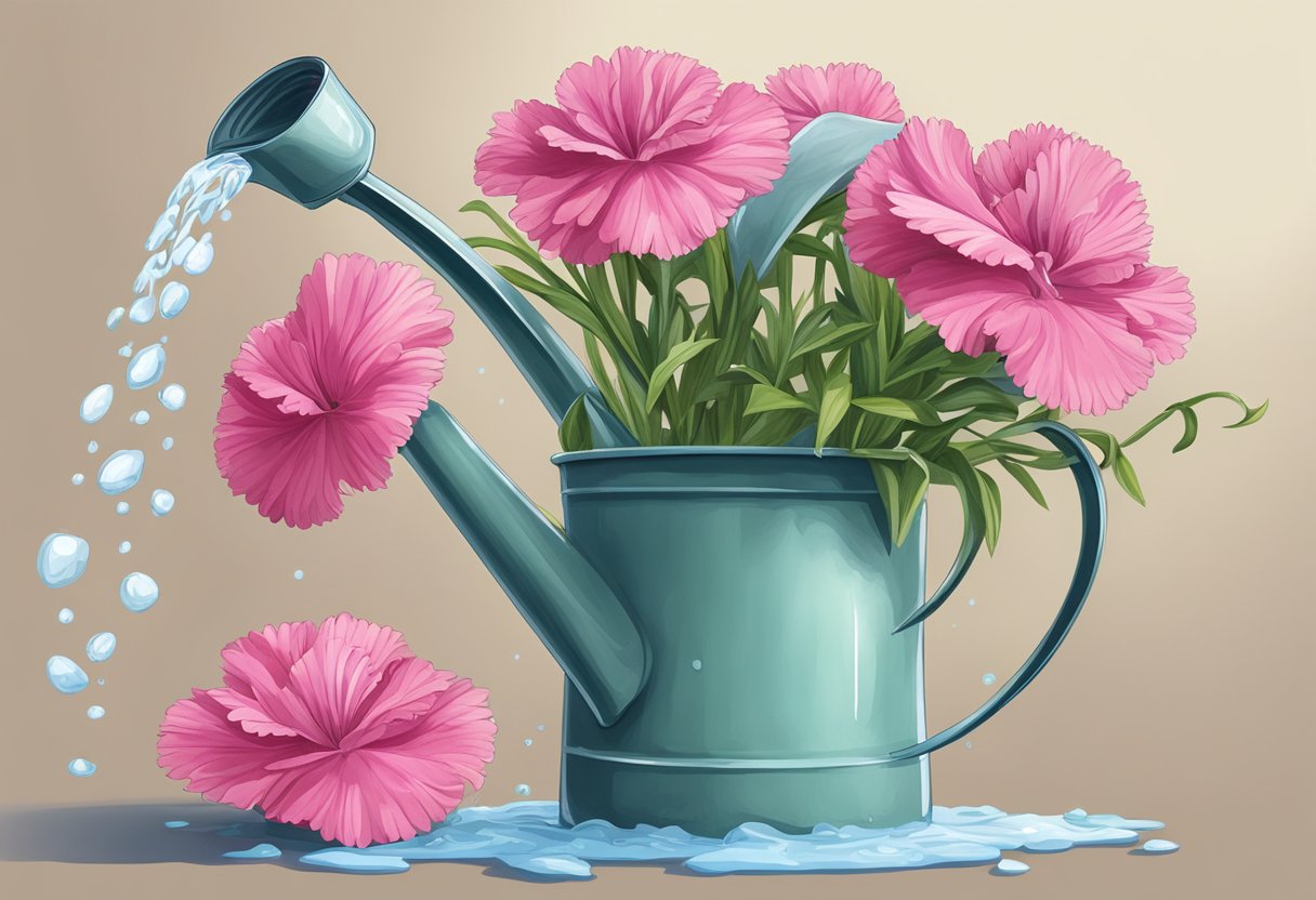 A watering can pouring water onto dianthus plant in a pot