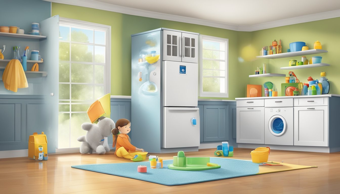 A family home with lead-free paint and water filters. Childproof locks on cabinets and toys labeled lead-free. Clean, dust-free surfaces and regular lead testing