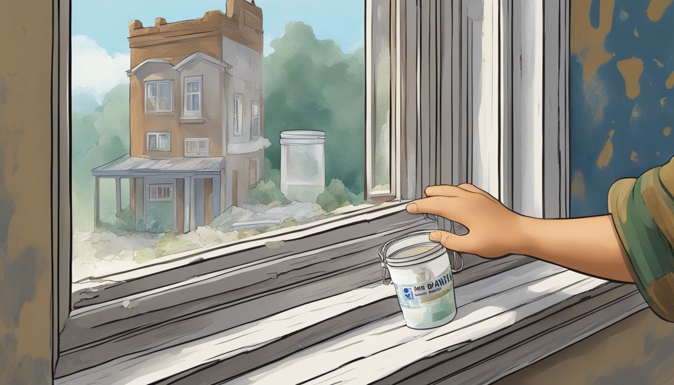 A child's hand reaching for peeling paint on a window sill, with a warning sign and a closed container of lead paint nearby