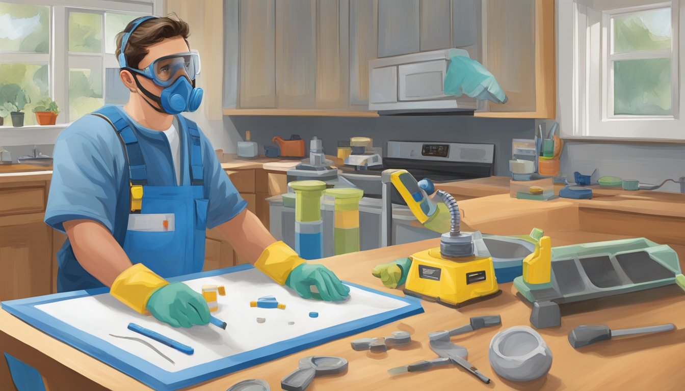 A technician conducting lead testing in a home, using specialized equipment and wearing protective gear. A child's toy and a painted surface are being tested