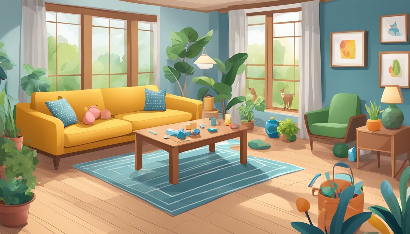 A cozy living room with child-safe furniture, lead-free paint, and a well-maintained garden. A family-friendly environment with lead-free toys and regular cleaning to prevent lead exposure