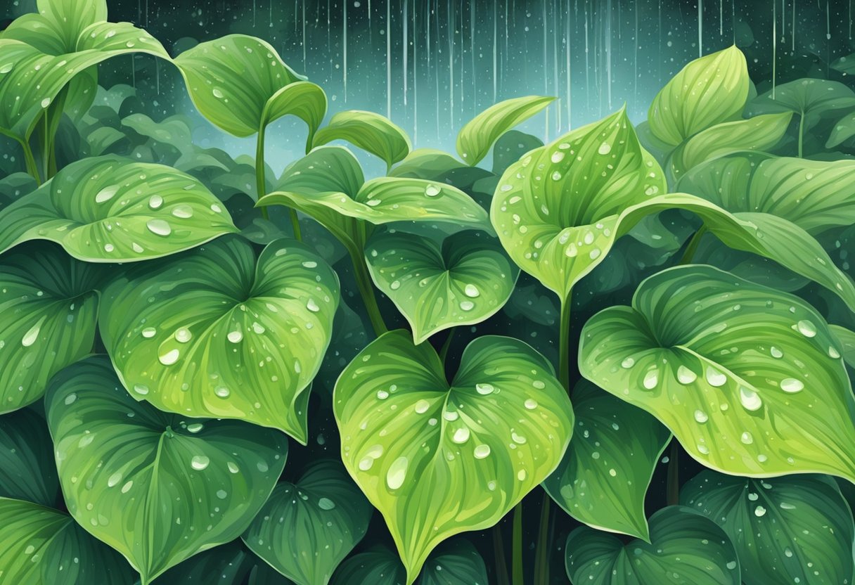 Rain falls on green hostas, droplets glistening on leaves. Puddles form, reflecting the sky above