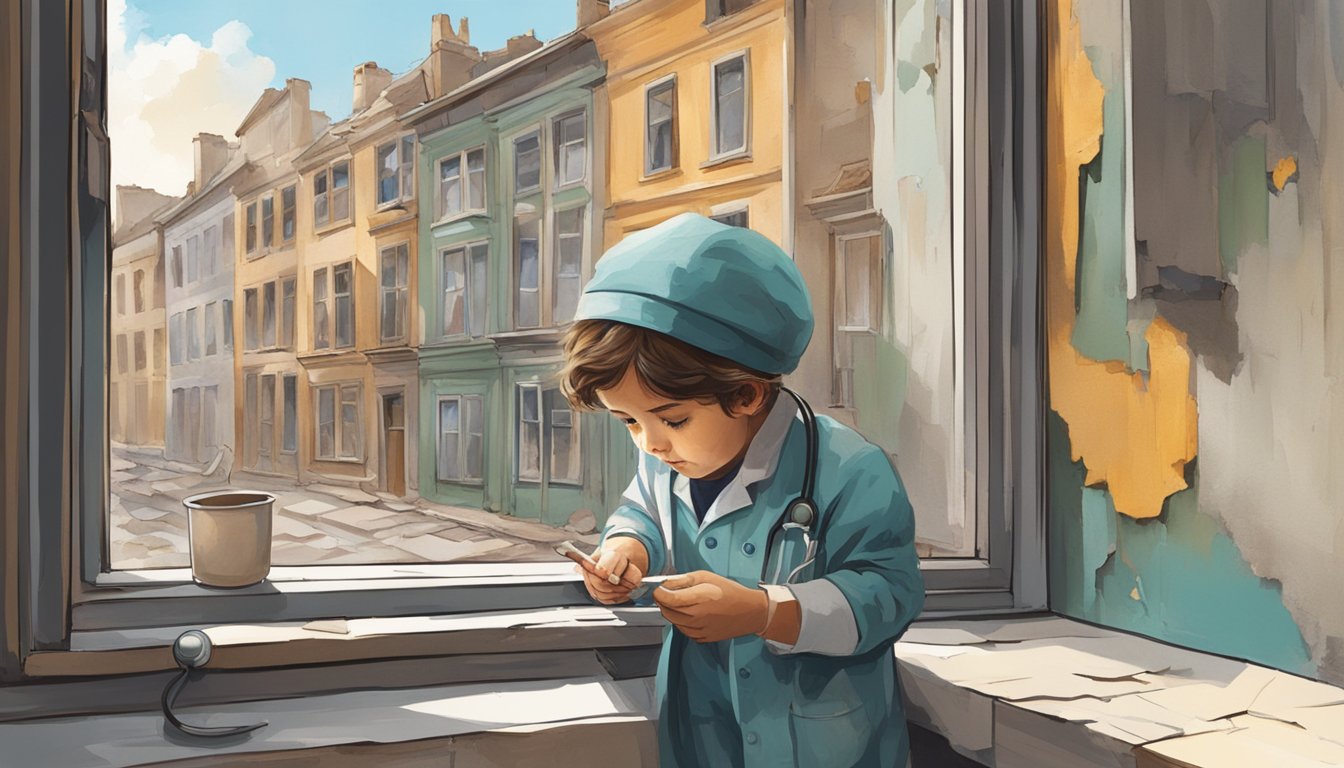 A child playing with peeling paint on a windowsill, surrounded by old, deteriorating buildings. A doctor looks concerned as they examine the child's blood test results
