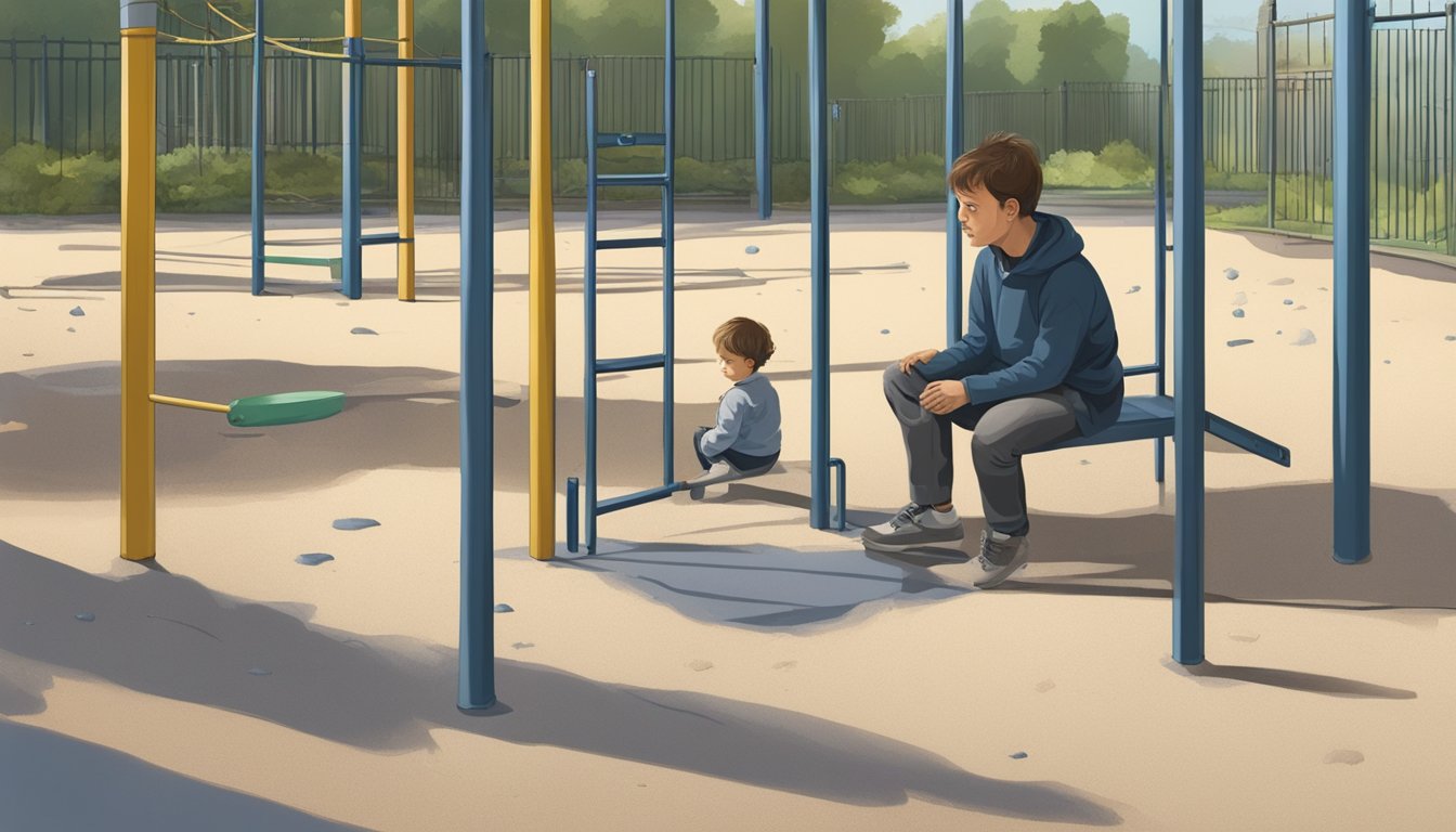 A child playing in a run-down, lead-painted playground. A concerned parent observes the child's lethargy and loss of appetite