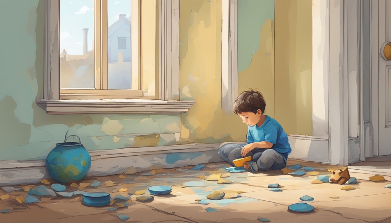 A child playing in a well-kept, but old, home with peeling paint. A small toy lies on the floor near a chipped windowsill