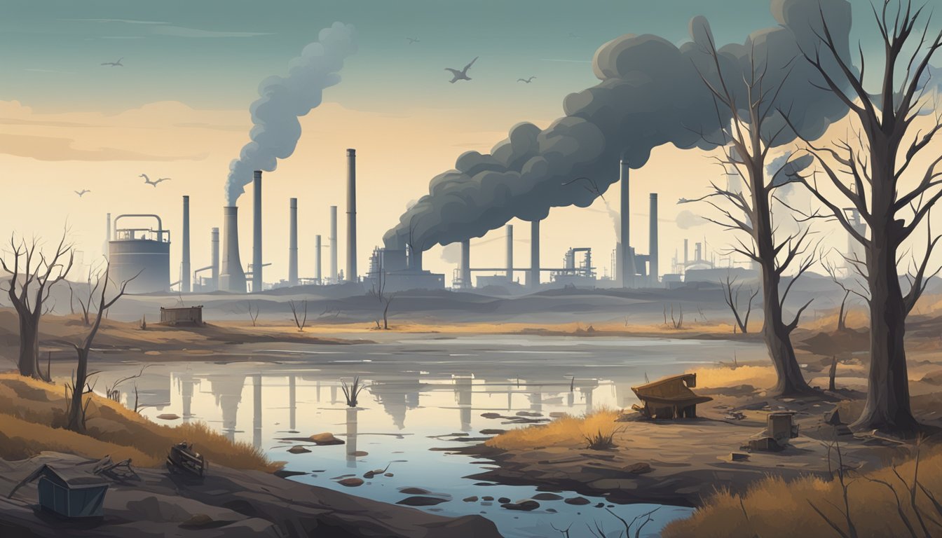 A barren landscape with dead trees, polluted water, and sickly animals. A factory in the background emits toxic fumes