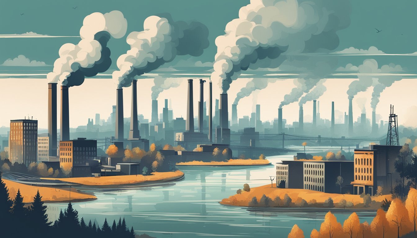 A city skyline with factories emitting smoke and a river polluted with lead runoff. Wildlife and vegetation show signs of distress