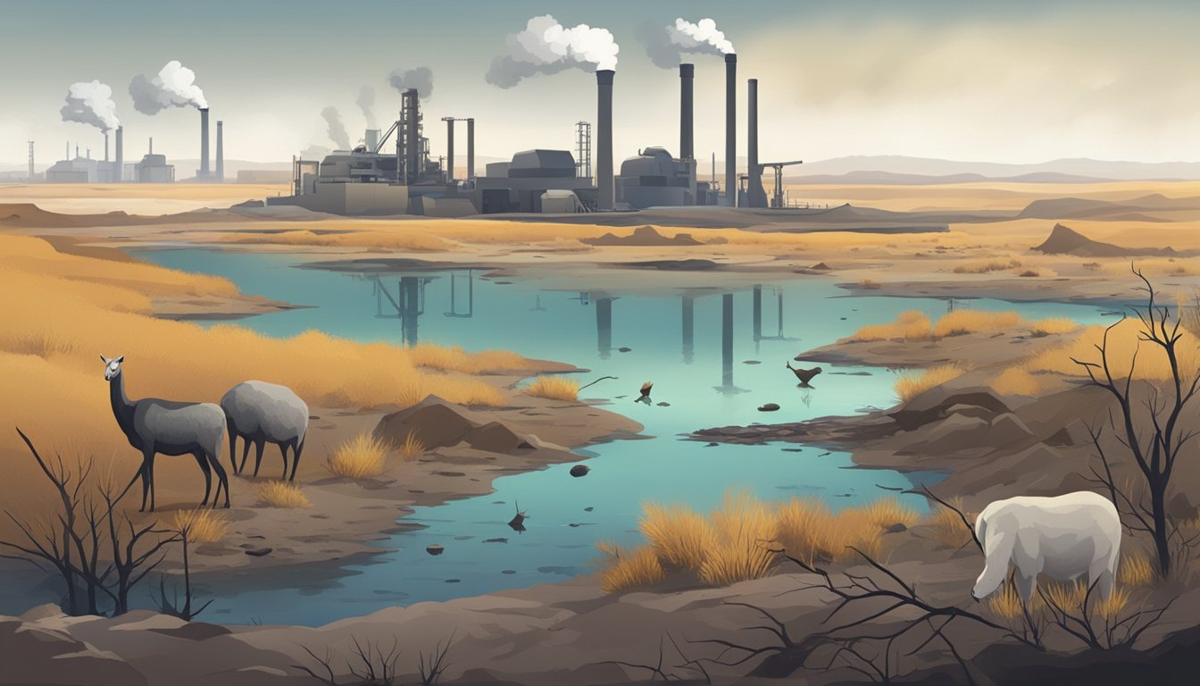 A desolate landscape with polluted water, dead vegetation, and barren land. A factory emits toxic fumes while a group of animals suffer from the effects of lead pollution