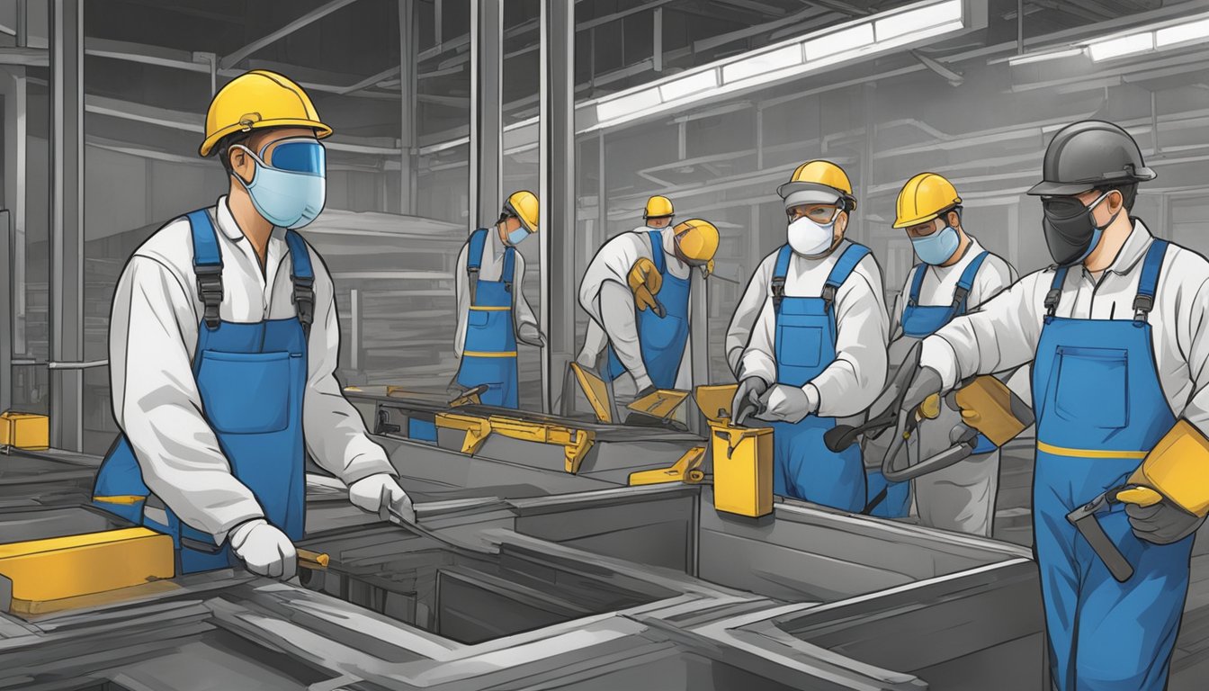 Workers handle lead-based products without proper protection, creating a hazardous environment. Safety measures, such as wearing protective gear and proper ventilation, are necessary to prevent lead poisoning
