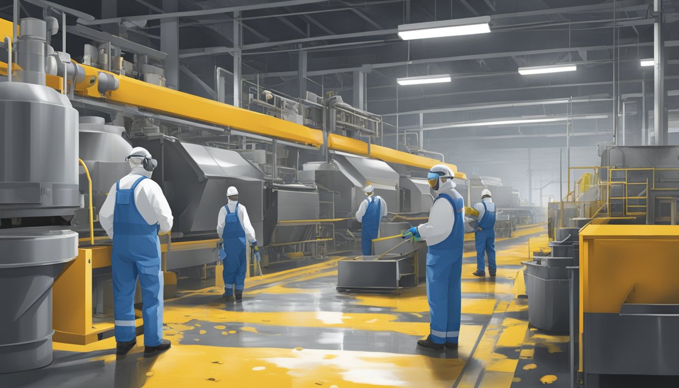 A factory floor with lead-based paint chipping off machinery. Workers in protective gear and signage indicating lead exposure risks