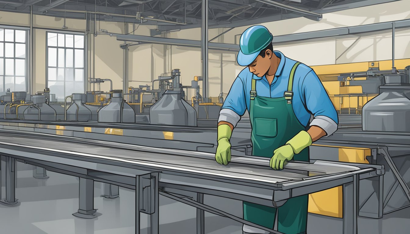 A worker in a factory handles lead-based materials without proper protective gear. Signs of lead poisoning are evident, such as fatigue and muscle weakness. Safety measures like ventilation and protective clothing are absent