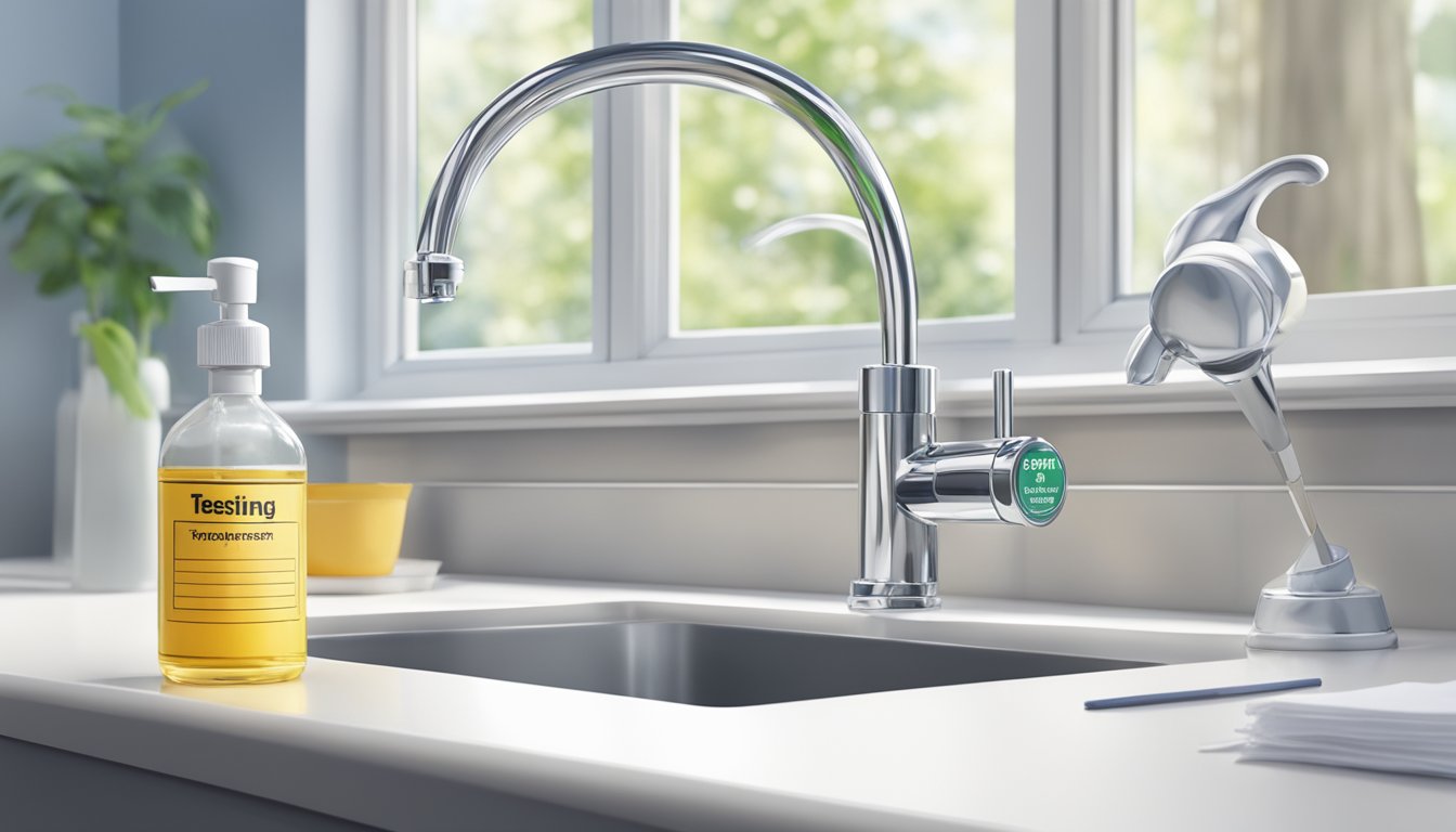 A faucet with a "Lead-Free" label, surrounded by clean, flowing water. A testing kit and regulatory documents nearby
