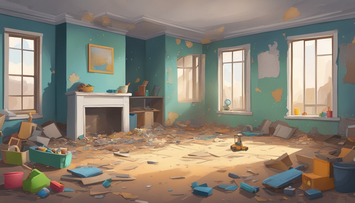 A dilapidated home with chipping paint on the walls and windowsills. Dust and debris litter the floor. A child's toys are scattered in the corner