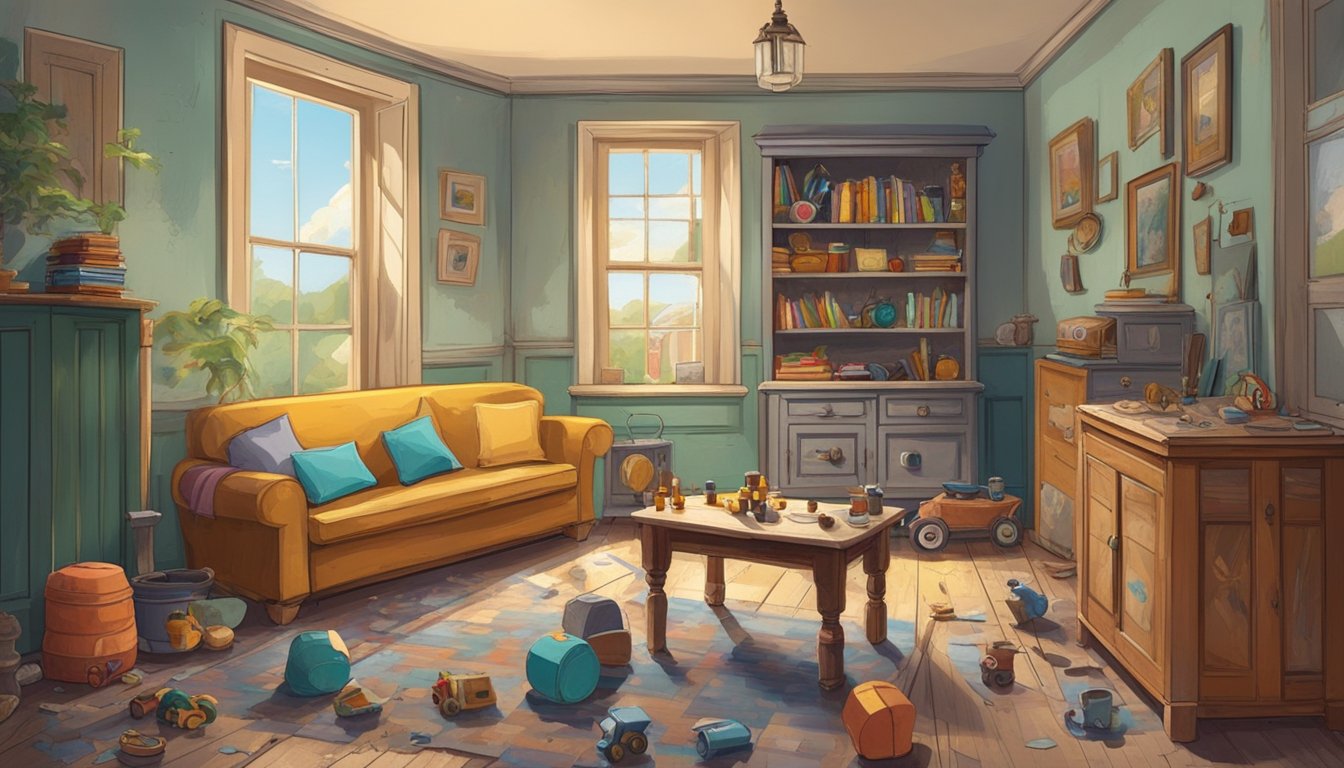 A cozy living room with vintage furniture and peeling paint on the walls. A child's play area with old toys scattered on the floor. An open window with chipped lead paint on the frame