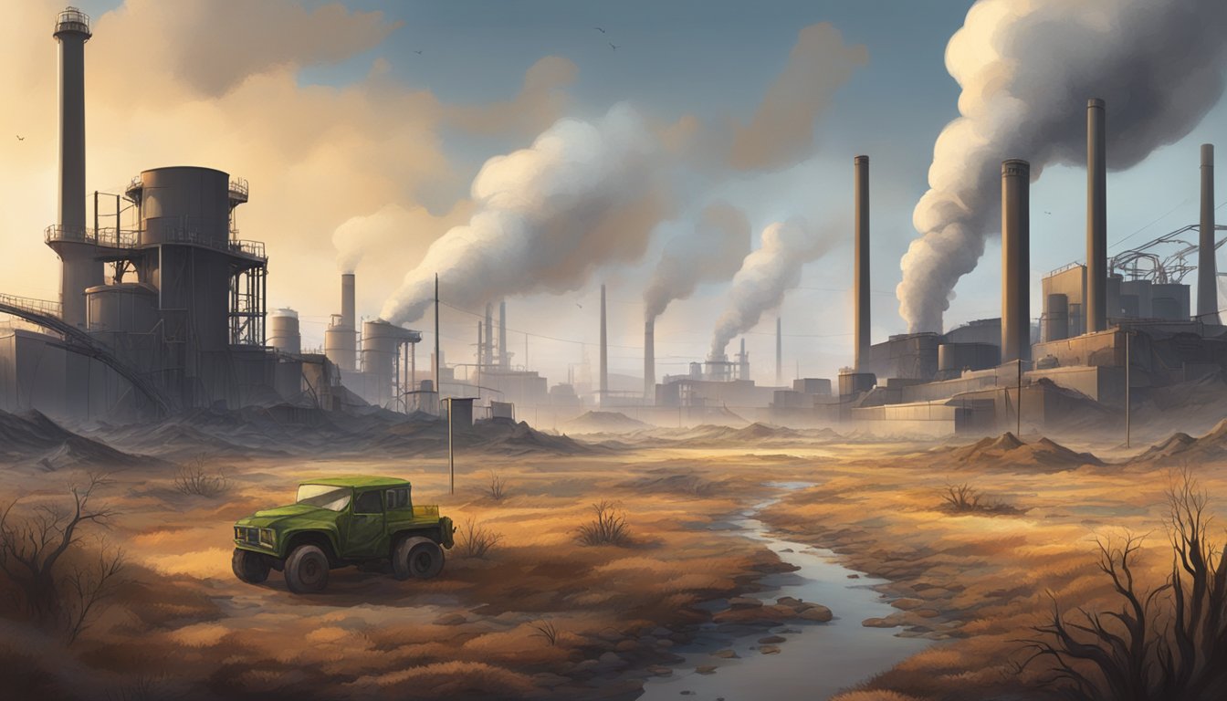 A barren landscape with wilted plants and sickly animals, surrounded by industrial factories emitting toxic fumes into the air