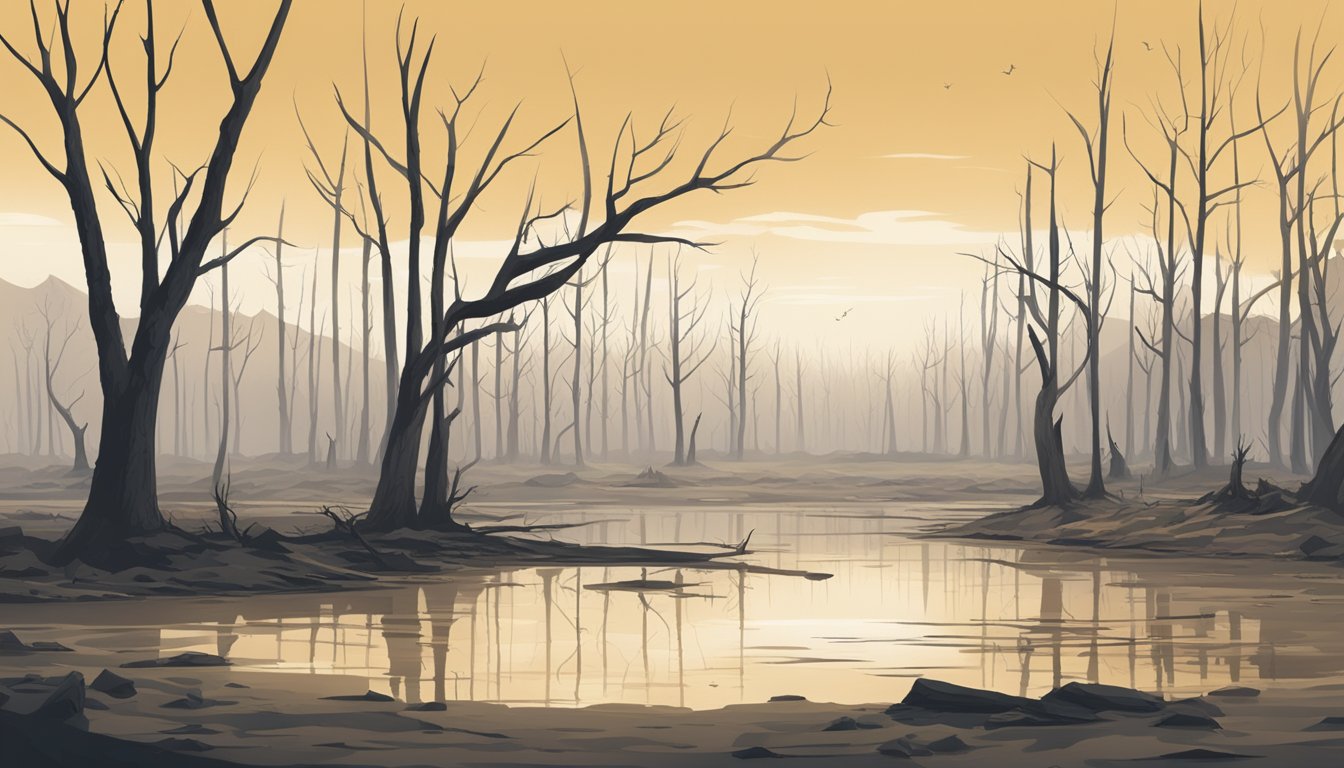 A barren landscape with dead trees and polluted water, symbolizing the long-term effects of lead poisoning on health and well-being