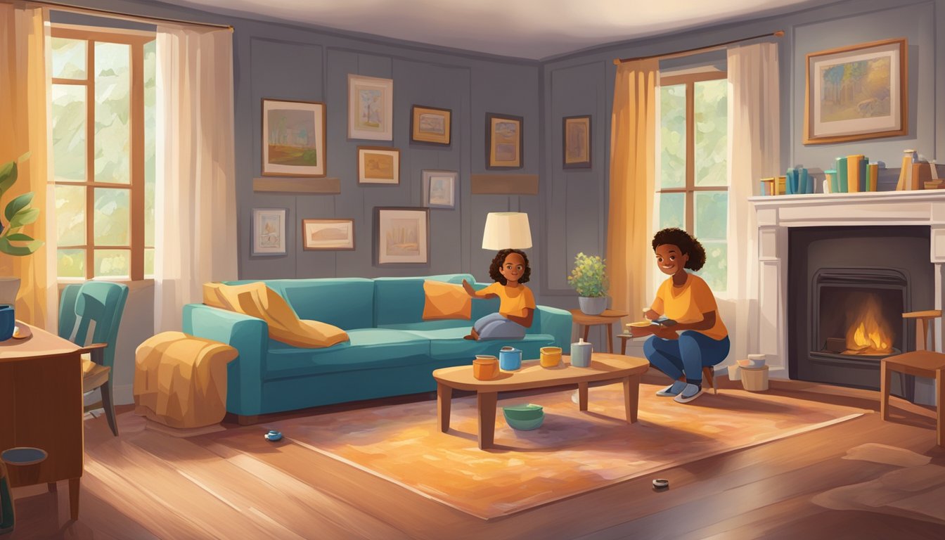A cozy living room with a family playing board games, while a professional inspects the walls and windows for lead paint and provides education on prevention