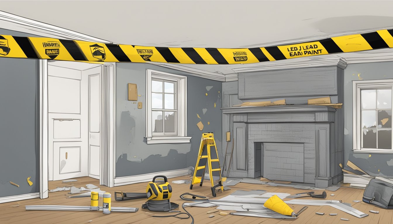 A dusty old house with peeling paint, caution tape, and a warning sign about lead paint hazards. Protective gear and renovation tools scattered around