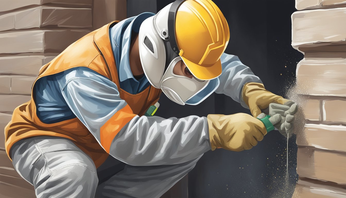 A construction worker carefully removes old lead paint from a wall, wearing protective gear and using proper containment methods