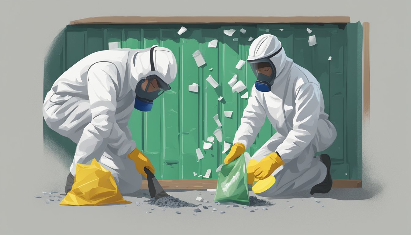 A worker in protective gear removes lead paint chips from a wall, while another worker seals them in a hazardous waste bag