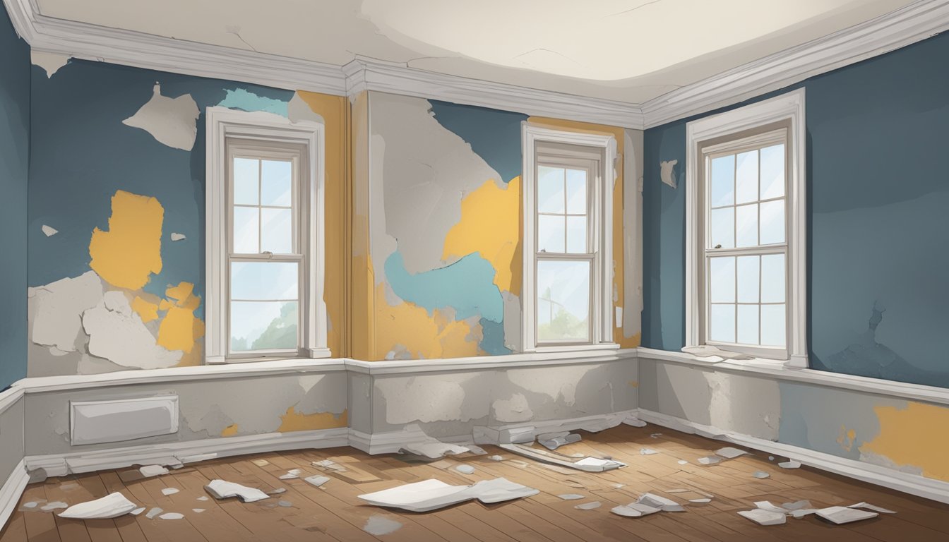 A room with peeling paint on walls and windowsills, dust and debris from renovation work, and warning signs about lead paint hazards