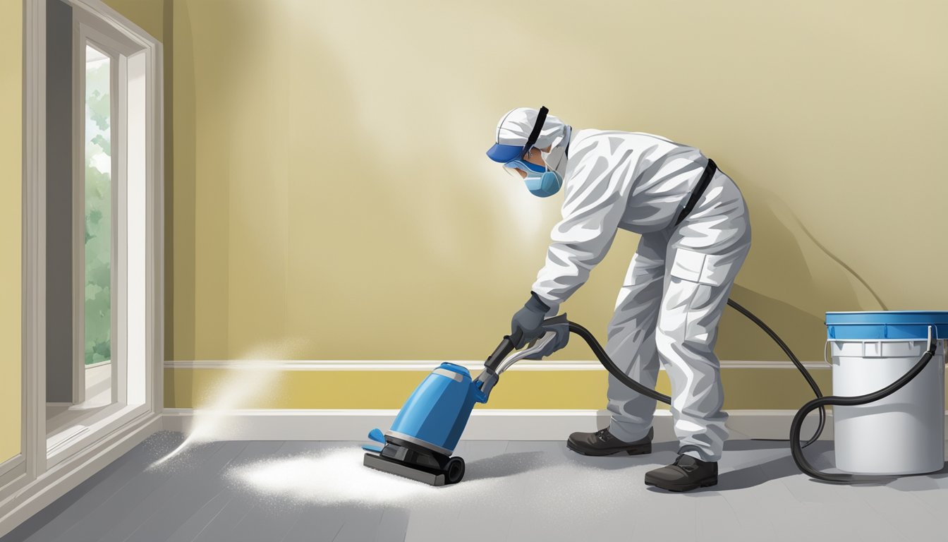 A person carefully removing old paint from a wall, wearing protective gear and using a HEPA vacuum to minimize lead dust exposure