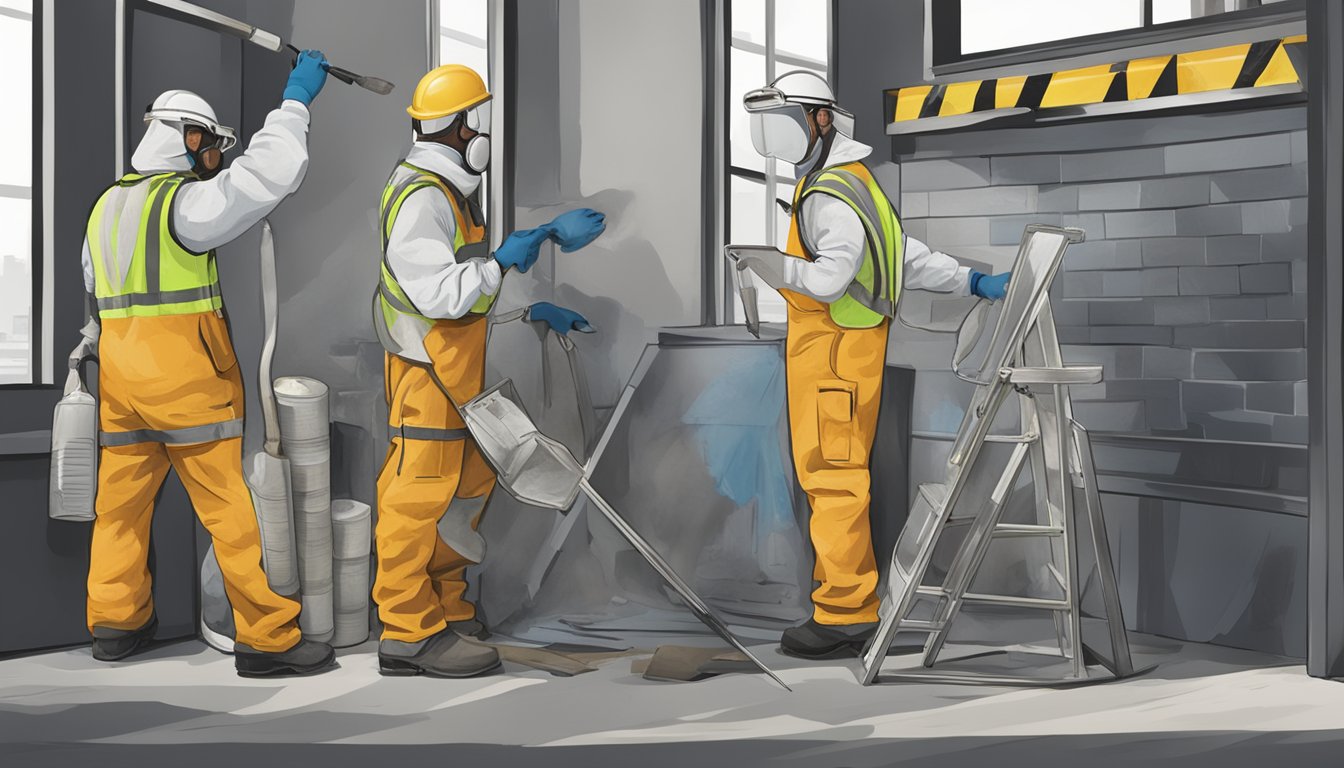 A group of workers wearing protective gear while removing lead-based paint from a building. Signs promoting lead poisoning prevention are displayed prominently