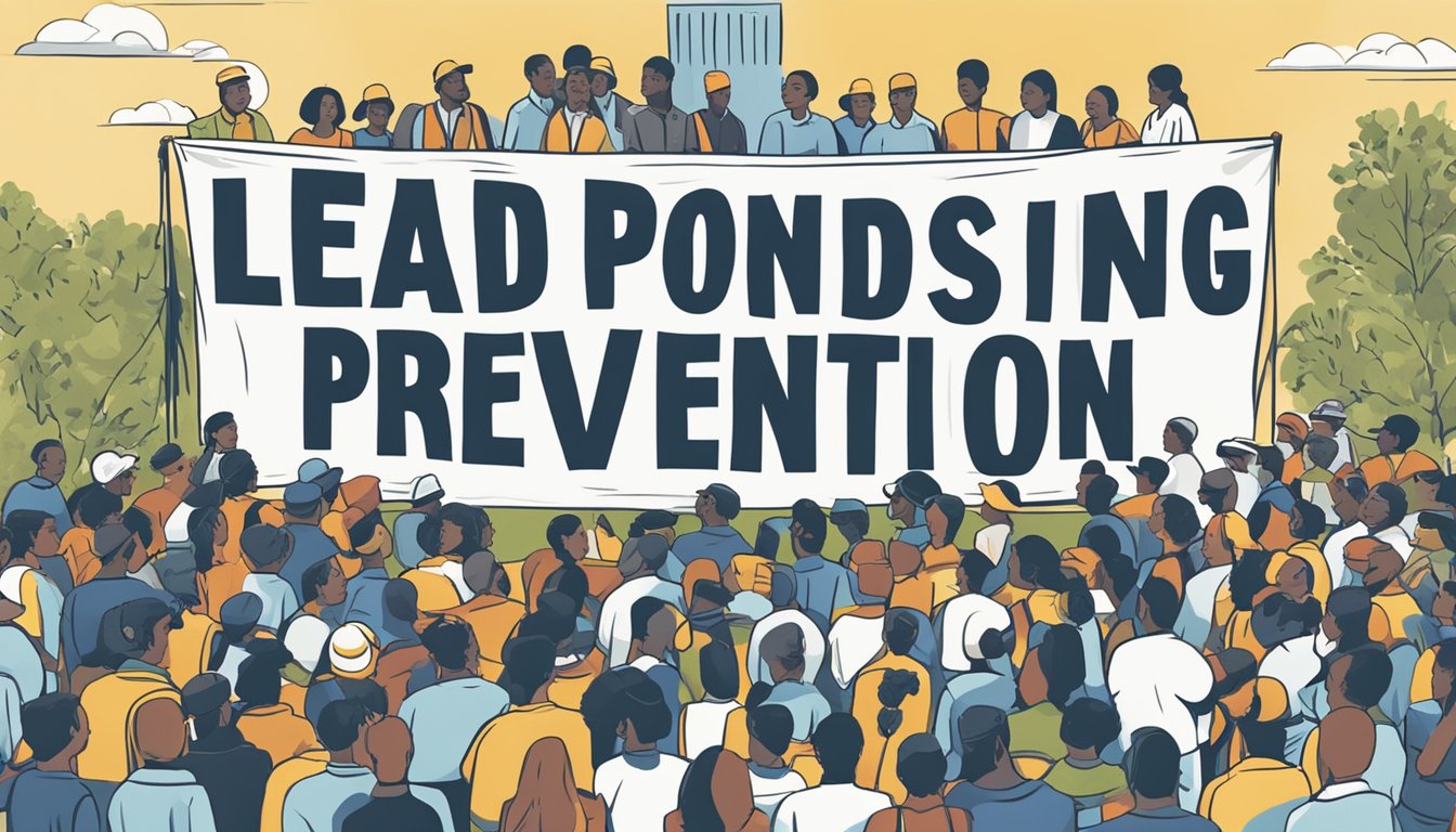 A group of people gather around a large banner with the words "Lead Poisoning Prevention" in bold letters. They are engaged in conversation, holding informational pamphlets and signs advocating for change