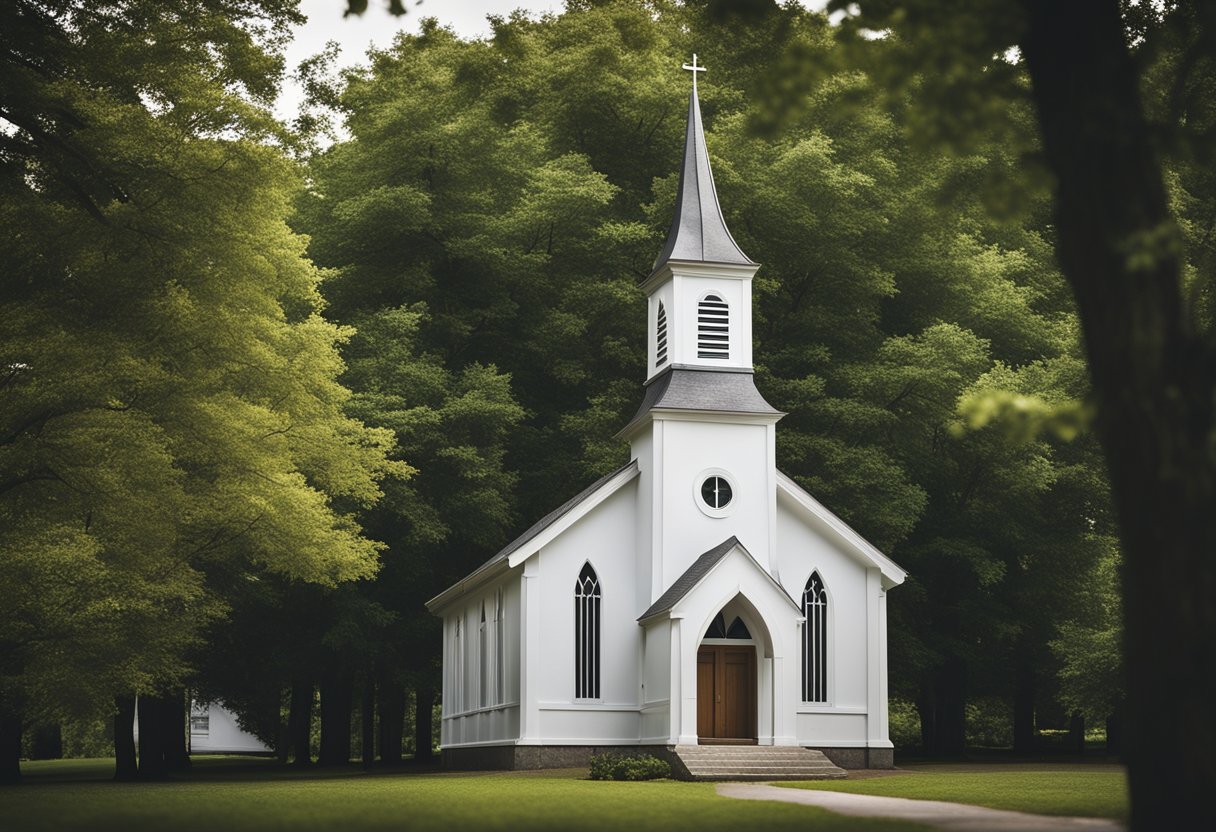 A church building with a steeple and cross, surrounded by trees and a peaceful, serene atmosphere