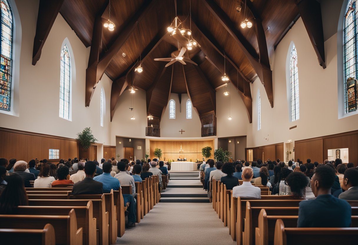 A church building with diverse congregation entering, sitting, and engaging in various activities. Decor reflects cultural and social influences