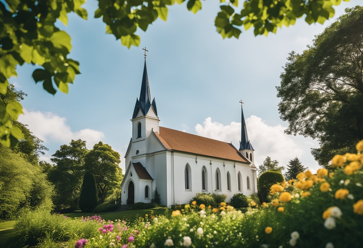 A serene church with a steeple, surrounded by lush greenery and colorful flowers, under a clear blue sky with fluffy white clouds