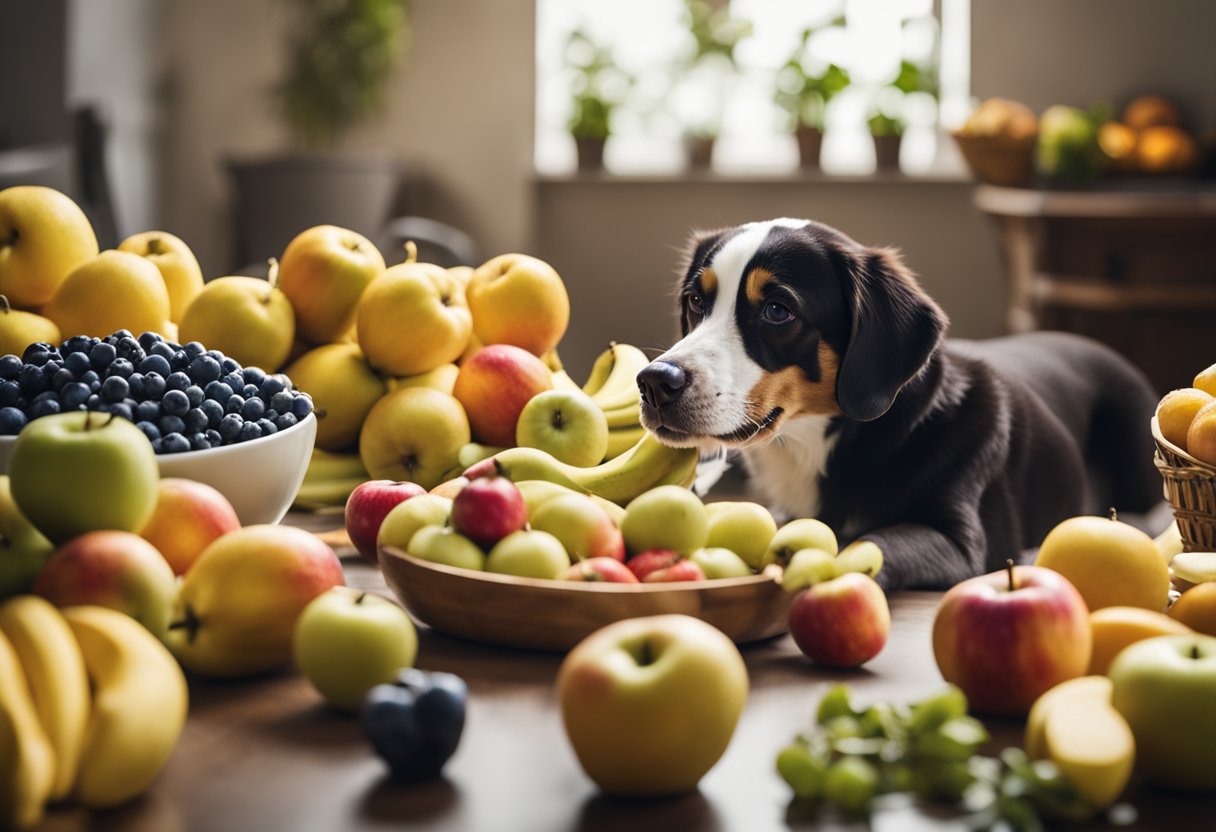 A variety of fruits, such as apples, bananas, and blueberries, are spread out on a clean surface, with a happy dog eagerly sniffing and tasting them