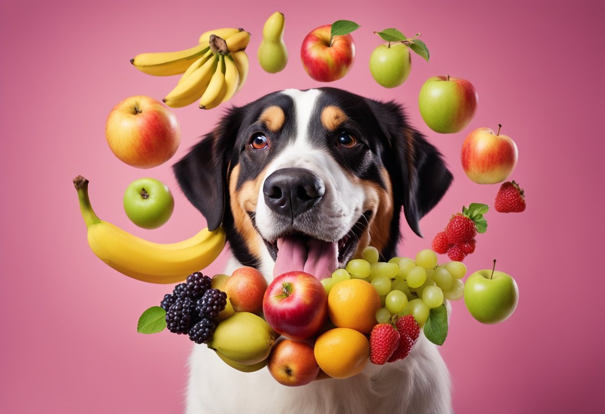 A happy dog eagerly eating a variety of colorful fruits, including apples, bananas, and berries, with a bright and healthy coat
