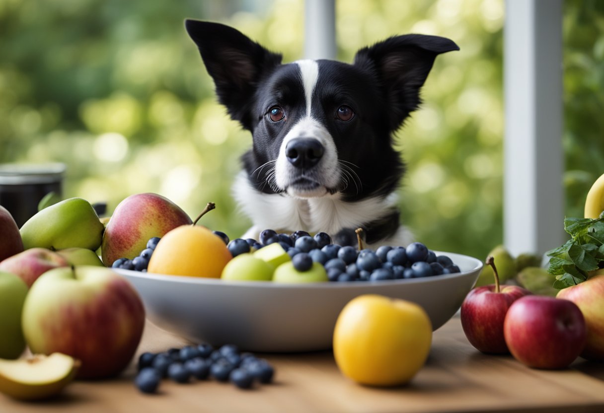 A dog happily munches on a variety of safe fruits, including apples, bananas, and blueberries, while a bowl of fresh fruit sits nearby