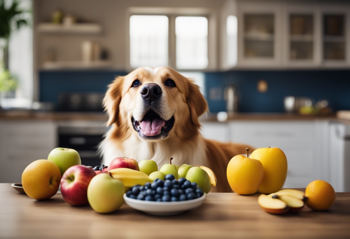 A dog bowl filled with fresh, colorful fruits like apples, bananas, and blueberries, with a happy dog eagerly waiting nearby