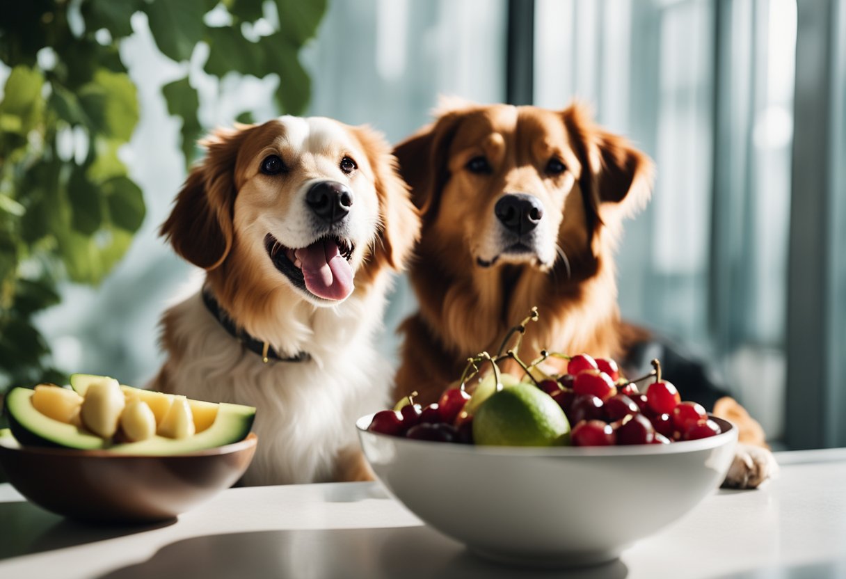 A bowl of grapes, cherries, and avocados next to a happy dog