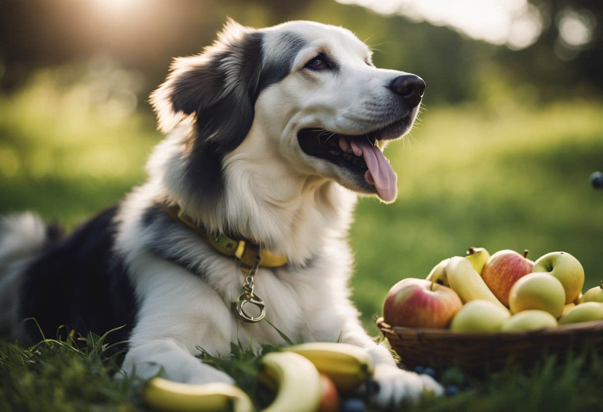 A dog happily eating apples, blueberries, and bananas, with a vet nearby monitoring for any allergic reactions
