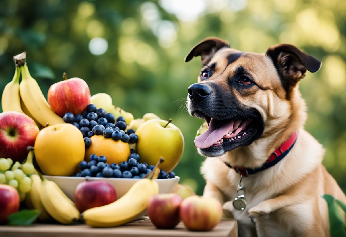 A dog surrounded by a variety of fruits such as apples, bananas, and blueberries, with a happy expression on its face as it eagerly reaches for a piece of fruit