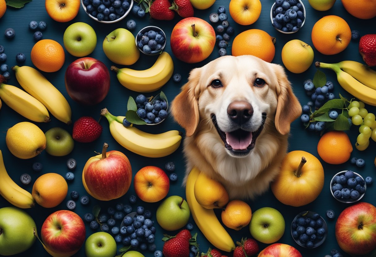 A happy dog surrounded by various fruits like apples, bananas, and blueberries, with a question mark hovering above its head