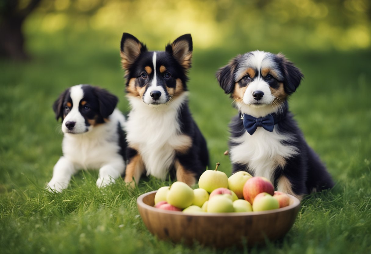 Dogs enjoying apples, bananas, and blueberries in a bowl