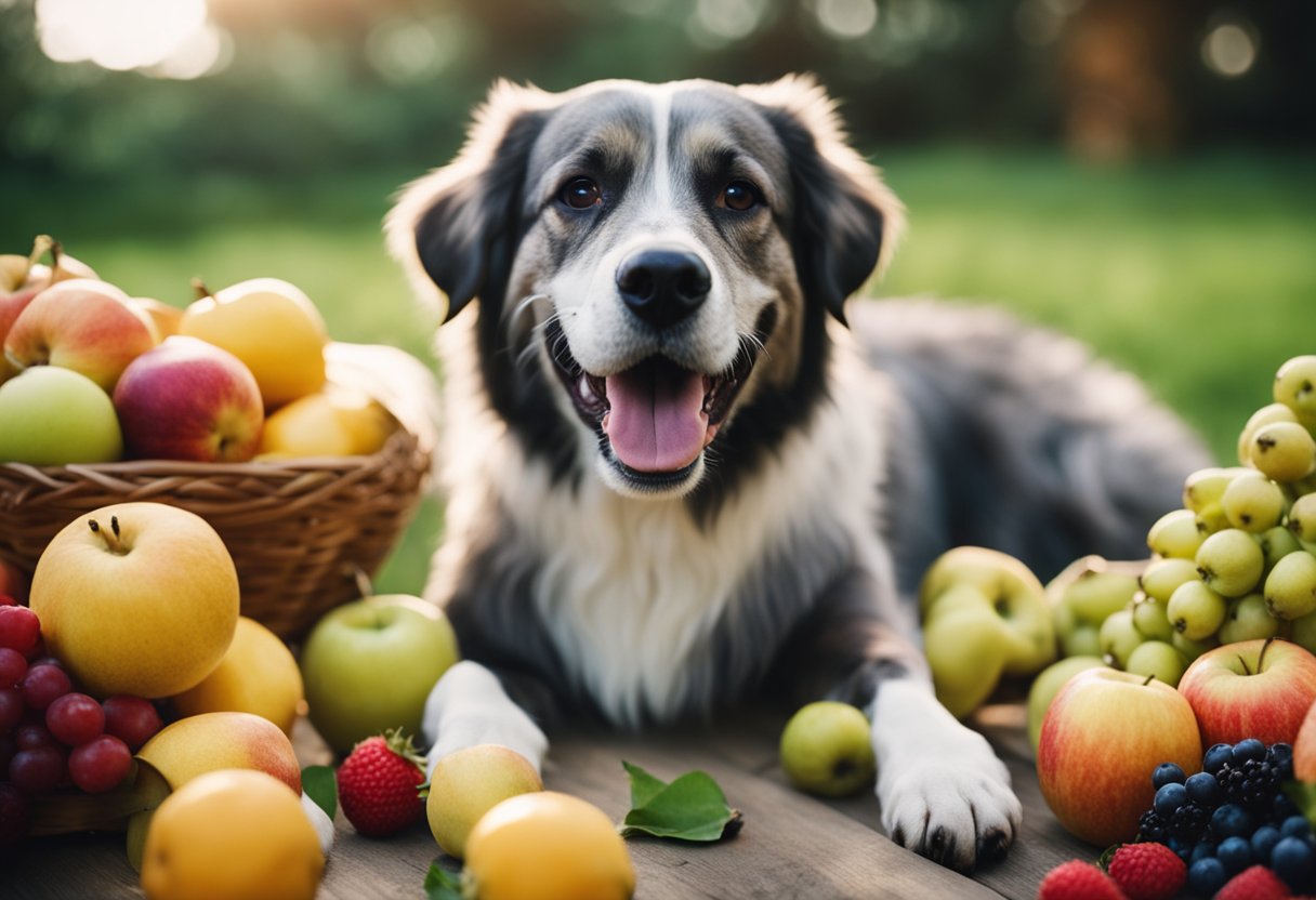 A happy dog surrounded by a variety of fresh fruits like apples, bananas, and berries, eagerly enjoying a healthy snack