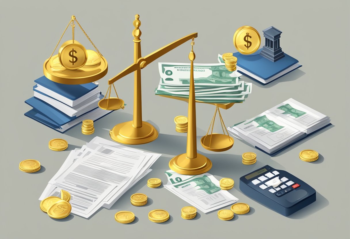 A scale balancing money and government symbols, surrounded by legal documents and tax forms