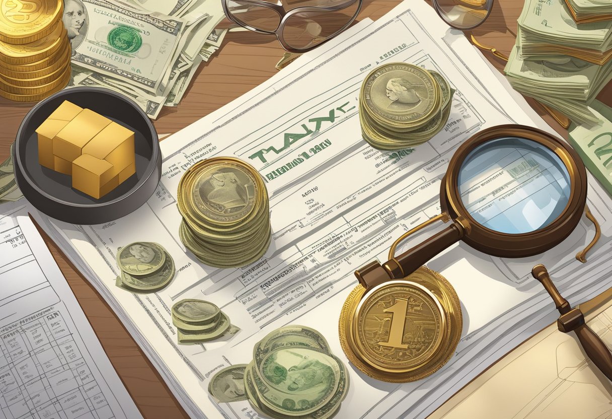 A scale balancing money and various goods, surrounded by legal documents and a magnifying glass, representing tax principles