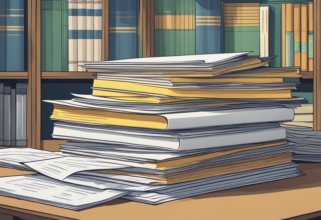 A stack of papers labeled "Frequently Asked Questions" on a desk, surrounded by legal books and tax documents